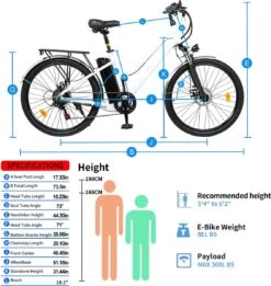 HITWAY 26 Inch E-bike, Elektrische Fiets Voor Heren En Dames, Pedelec Stadsfietsen, 250 W Motor, 36 V/11,2 Ah E-bike, Shimano 7 Versnellingen, 35-90 Km| Wit / Blauw -Beste Fietsen Winkel 1135x1200