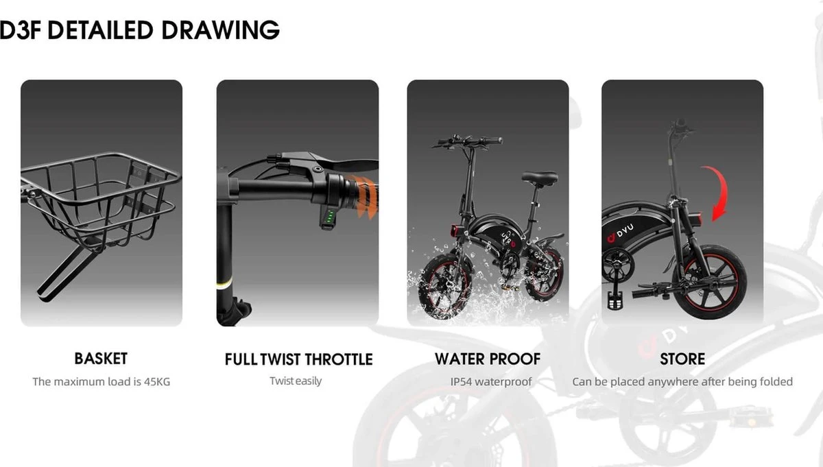 DYU D3F Opvouwbare Elektrische Fiets, Slimme Mountainbike Voor Volwassenen, 240W Aluminiumlegering Fiets Verwijderbare 36V/10Ah Lithium-ion Batterij Met 3 Rijmodi 4 DYU D3F Opvouwbare Elektrische Fiets, Slimme Mountainbike Voor Volwassenen, 240W Aluminiumlegering Fiets Verwijderbare 36V/10Ah Lithium-ion Batterij Met 3 Rijmodi - Afbeelding 2